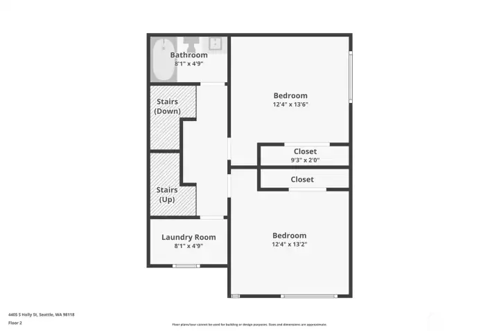 Second level floorplan features 2 bedrooms, a full bath and laundry room.