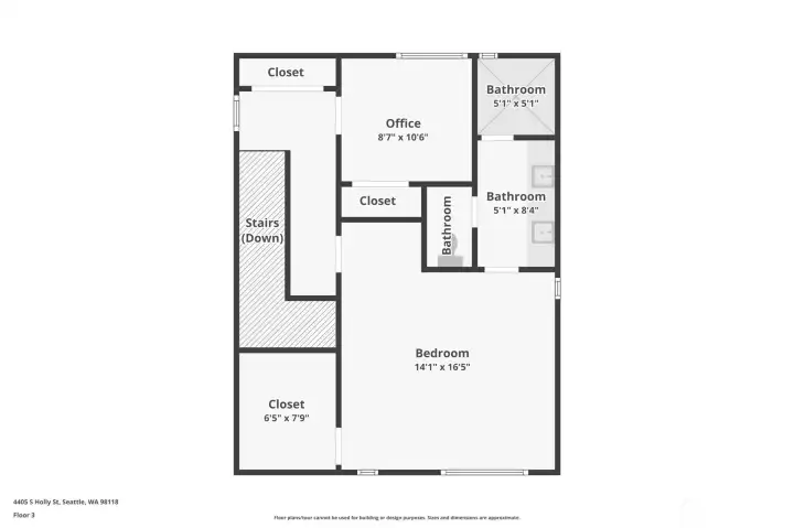 Third level floorplan with a spacious primary suite complete with its own bathroom and a walk-in closet. There is also a home office flex room and extra closet space.