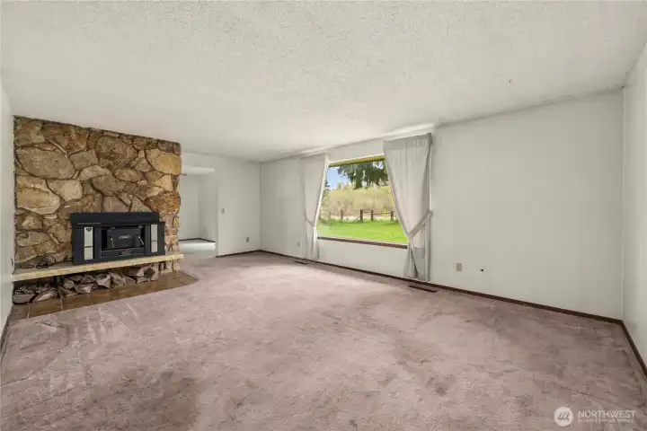 Cozy wood-burning stove keeps the whole house warm.