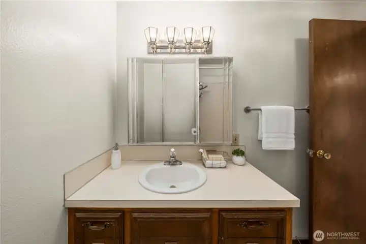 Vanity in the full bathroom w/ mirrored medicine cabinet.