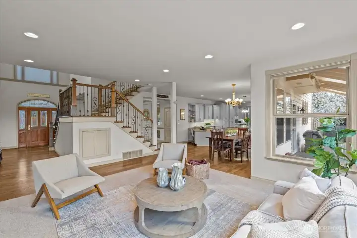 This view shows the double staircase to the landing leading upstairs.