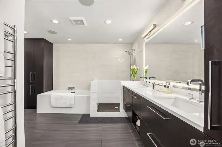Luxurious primary bath with walk-in shower and separate soaking/bubble tub
