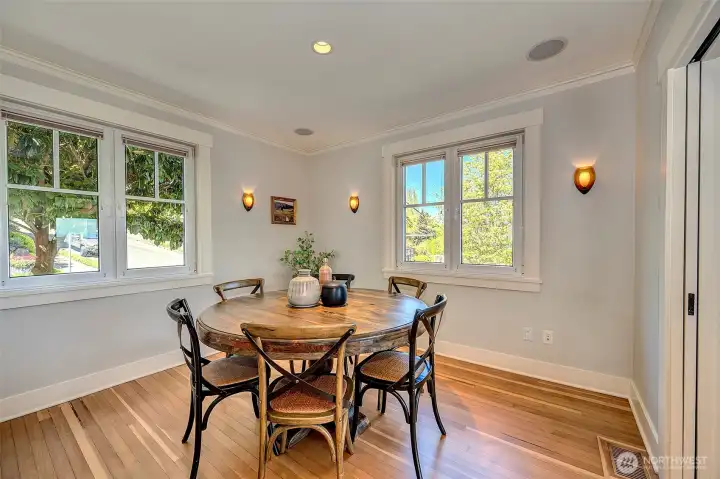 Formal dining with glass French pocket doors and built-ins.