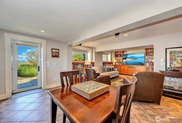 Entertainment-sized family room with radiant floor heating.