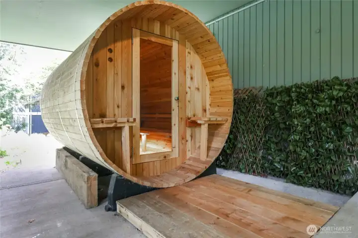 Relax in your private sauna, located off the lower level and conveniently sheltered from the weather.