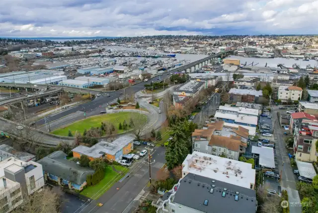 Arial of Ballard Bridge and Ballard.