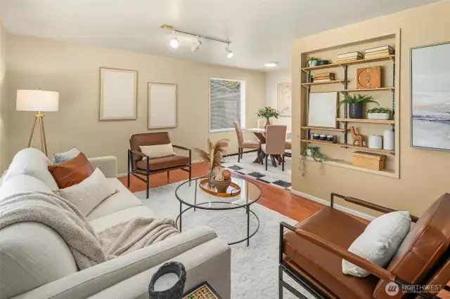 Cozy and just the right size for movie nights, coffee chats, or serious couch lounging. Built-in bookshelf adds charm and a place to finally show off those books you totally plan to read.
