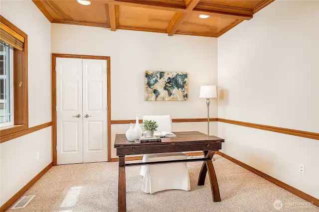 Front Den/Office. Note the hand-made wood coffered ceilings with inset lights. Gorgeous!