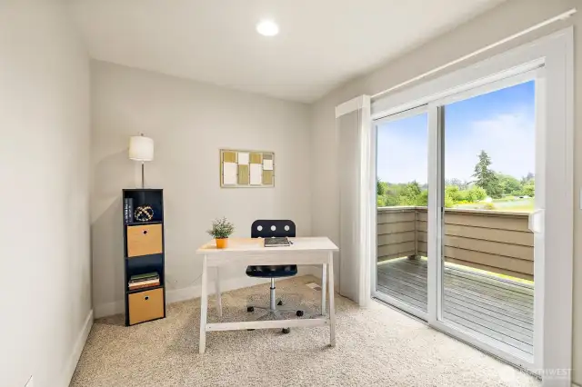 Upper level bonus room is a perfect home office.  From this second deck, overlook nature, not neighbors.  Did I mention the full mountain view?  On a clear day, it is spectacular!