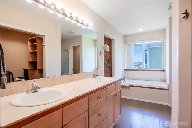 Primary 5 piece bath with jetted tub, walk in closet and separate sauna room to the left.