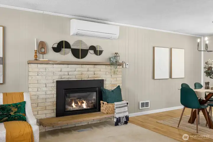 Gas fireplace for heat. Mini split for heat + AC.