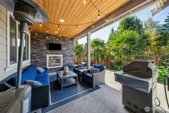 Covered patio with gas fireplace & privacy for days!