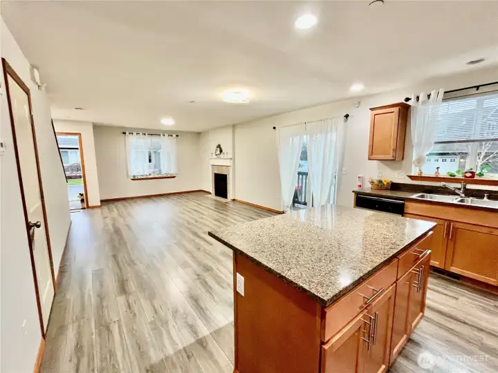 Open concept main floor.  Living room and kitchen island