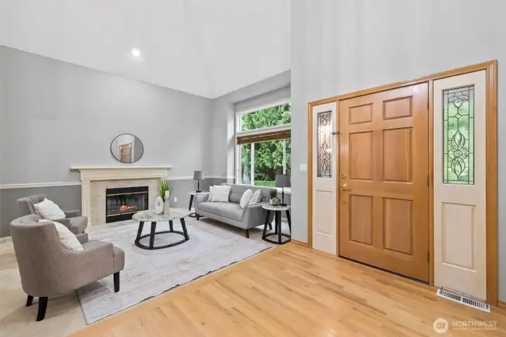 Solid wood entry.  South facing. Airy, light and bright. Wood burning fireplace.
