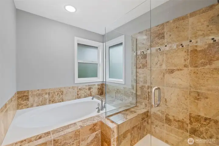 Another view of the soaking tub + shower.