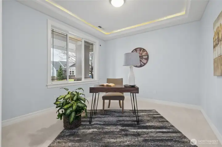 Work in style from this entry-level office showcasing a coffered ceiling with lighting.