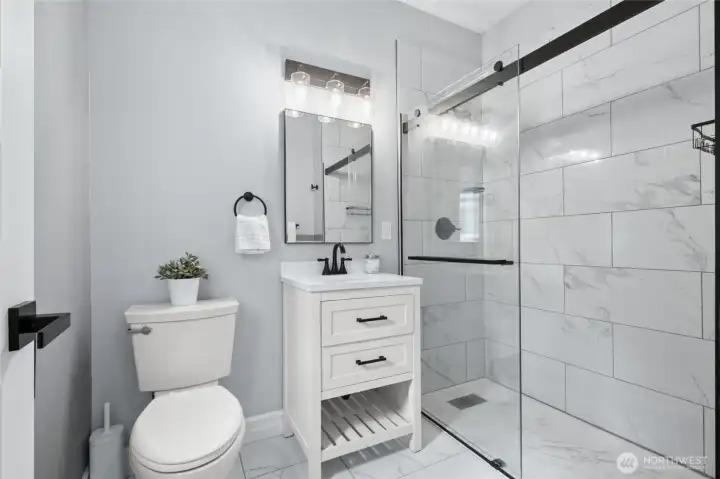 Luxurious apartment bath with elegant finishes.