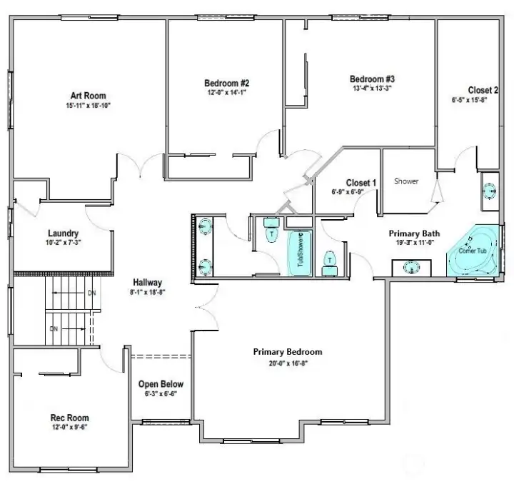 Upper level floor plan.  Dimensions are approximate.