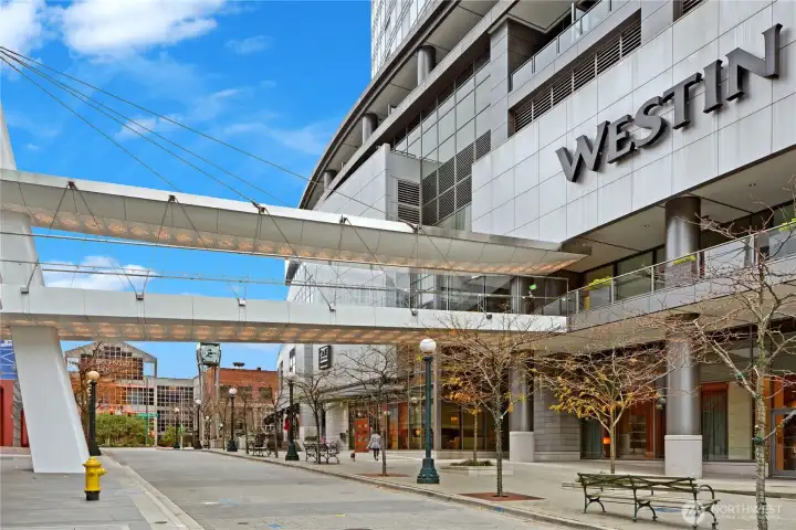 This Westin Hotel lobby is located next door to One Lincoln Tower's lobby. You can even get room service delivered from the Westin!