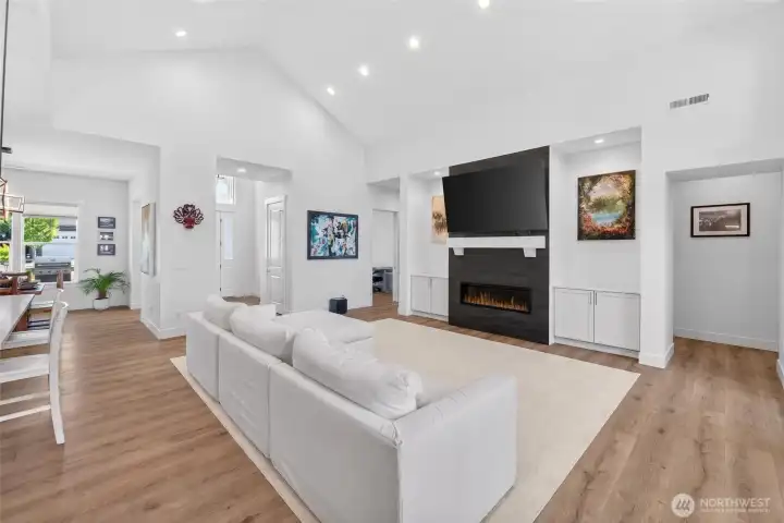 Floor to ceiling tile fireplace