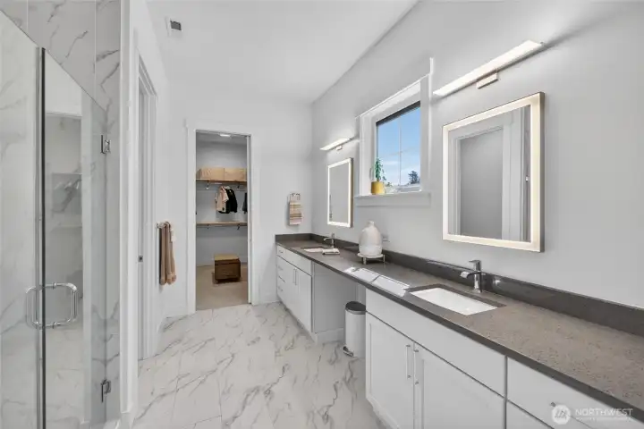 Primary bath with double sinks and vanity