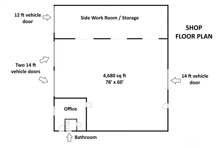 Shown here are the dimensions and layout of the shop, and the location of multiple vehicle doors, bathroom, and office. Shown here are the dimensions and layout of the shop, and the location of multiple vehicle doors, bathroom, and office.