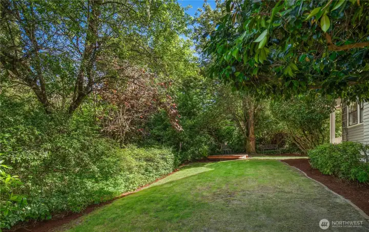 This side yard view is on the east side and abuts a vacated street creating a private and lush backdrop.
