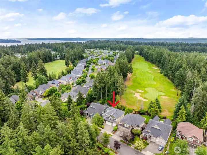 Situated on the 6th green of the Woodlands Golf Course, with the waters of the Puget Sound in the distance, the views out every window are green and lush.
