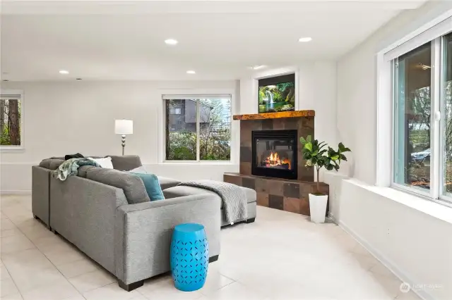Lower level family room with gas fireplace