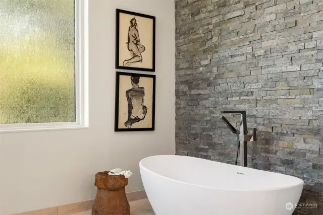 Sculptural tub w/black stainless fixtures