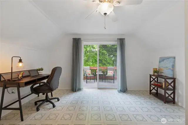 Another bedroom on second floor or is it an office for remote workers or even a project room? Slider leads to deck that overlooks the landscaped backyard