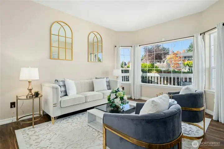 Spacious living room filled with natural light.