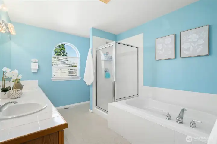 Primary bath with designer window, dual sink vanity, soaking tub, and separate shower.