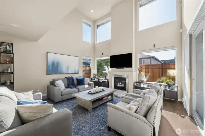 Dramatic two story great room with tons of natural light!