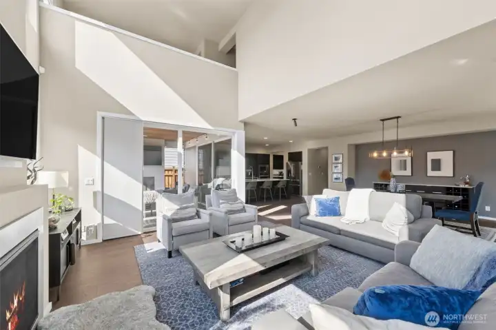 Great room with view of the dining and kitchen
