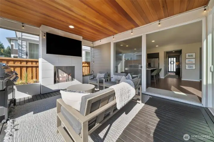 Covered deck with fireplace