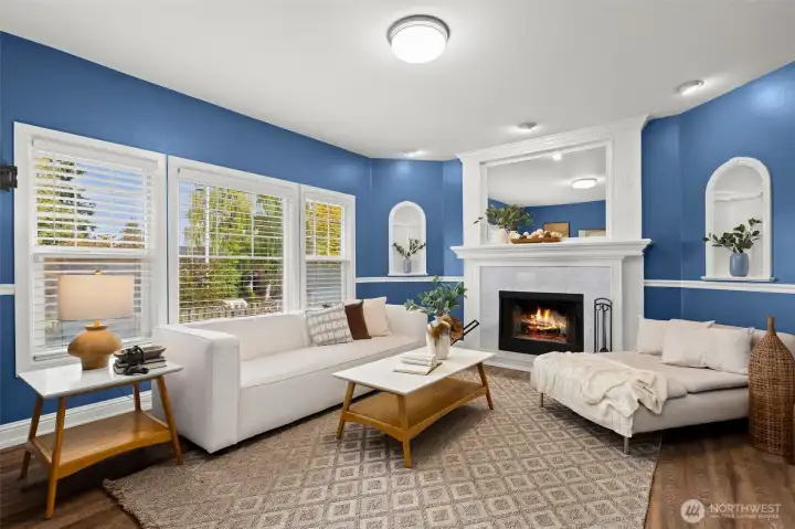 The Parlor off the entry is a fan fav.  With Thick white moulding, original fireplace and nooks, the vibe is casual yet elevated.