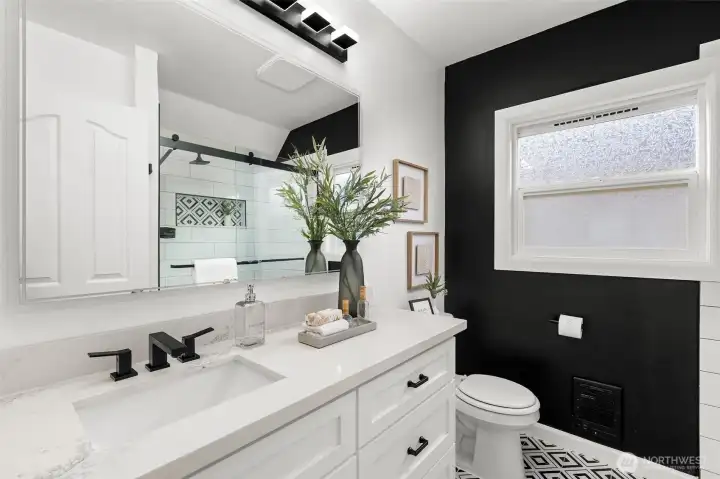 Guest Bathroom in hallway blends Modern and Classic perfectly.