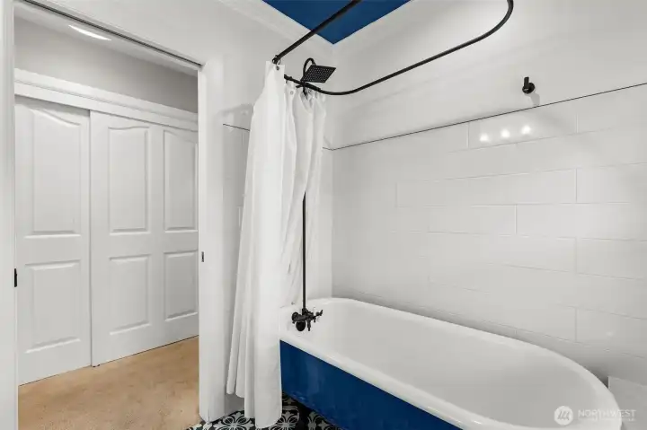 But this is the prize-winner: the blue, totally refinished original clawfoot tub.  Relaxation awaits.