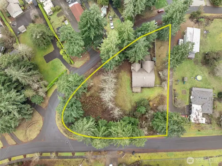 Straight overhead, the lot shows off its unique D shape and a corner position that leaves you with breathing room on three sides. Evergreens trace the perimeter and create a natural backdrop instead of a fence maze. With no HOA here, you actually get to decide how your property lives, and with a 4 bedroom septic already in place, it’s worth checking into the possibility of an ADU down the road.