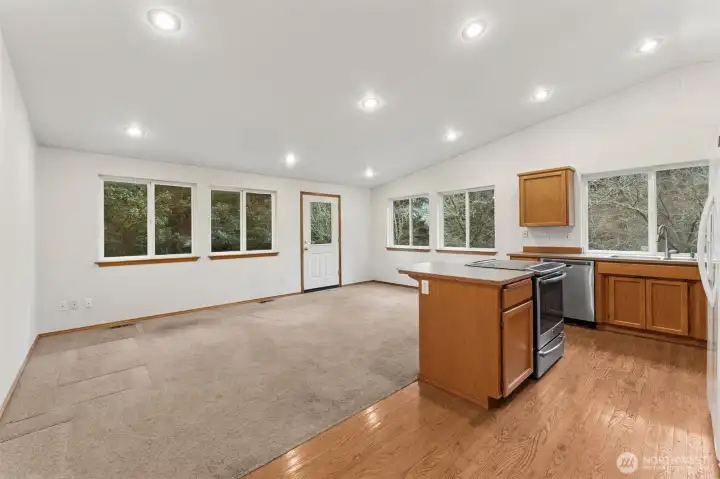From the arched doorway you really see how big this space lives. The vaulted ceiling carries across the family room and kitchen, and five large windows plus the backyard door with its own window keep everything bright and connected to the trees outside. Every direction gives you a wooded view from the .837 acre lot. With this much room, furniture can be arranged a dozen different ways, whether that means a larger seating area, reading corner, or keeping things open and airy.