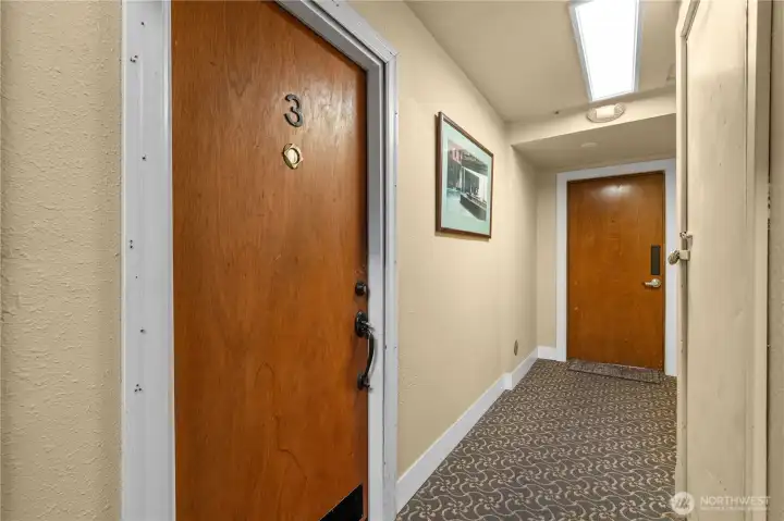 Unit door in the foreground, garage & storage doorway in the background