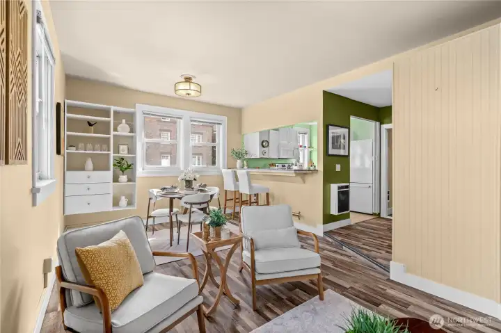 living,,dining, kitchen from the far wall