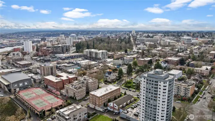 Ariel views from the back of The Dorothy - looking towards city - St Joe's, Tacoma Dome, Wright Park - easy secure access to this unit thru the door in the back of the bldg.