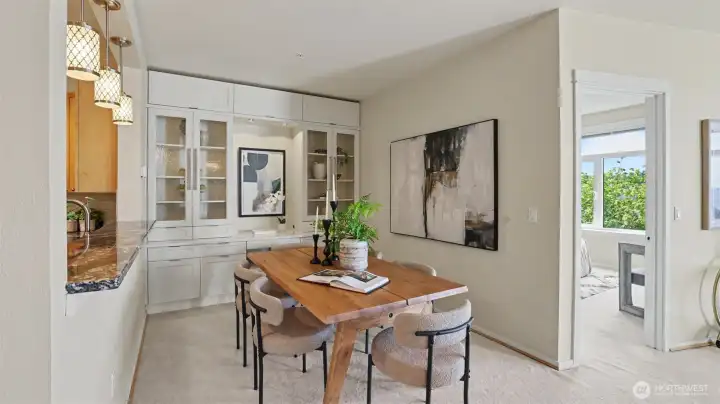 Dining room with custom built ins.