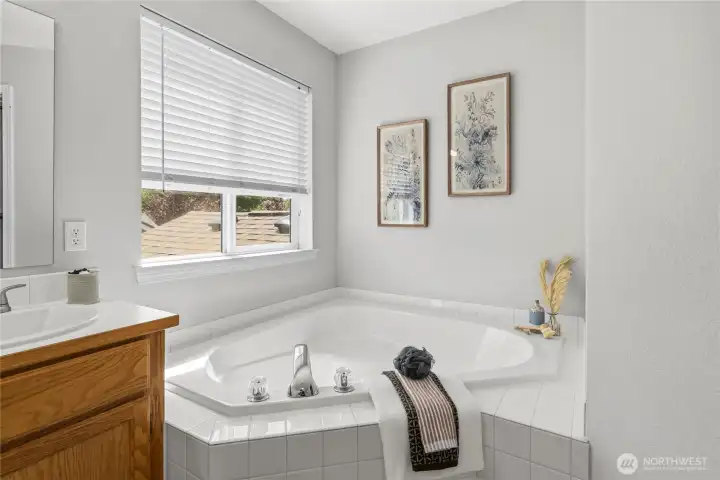 Unwind in the spacious soaking tub, bathed in beautiful natural light—your own private retreat for relaxation.
