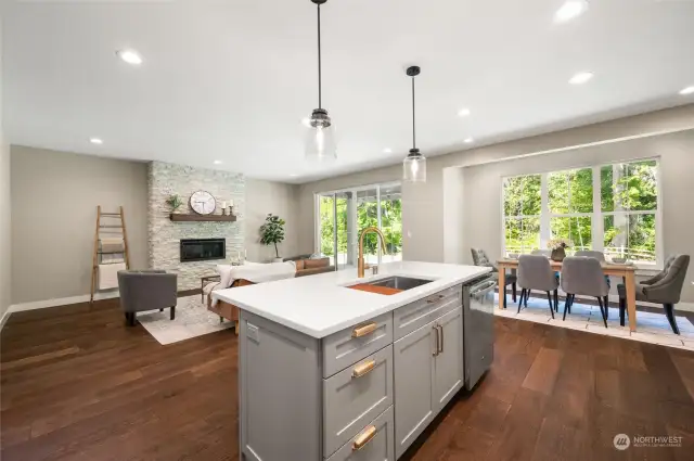 The kitchen and great room area overlook the beautiful backyard.