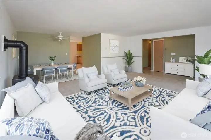living room to dining area virtually staged