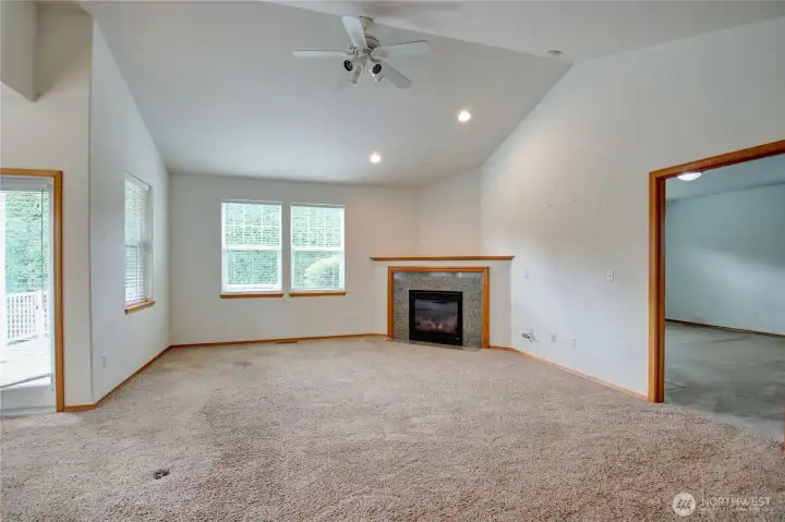 Large open living room with gas fireplace