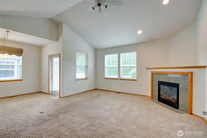 Large open living room with gas fireplace
